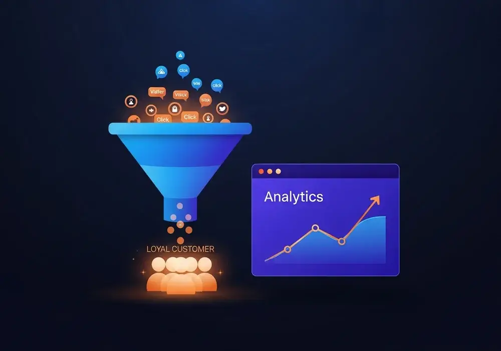 Ilustración de un embudo de marketing que convierte visitas en clientes con analítica de crecimiento