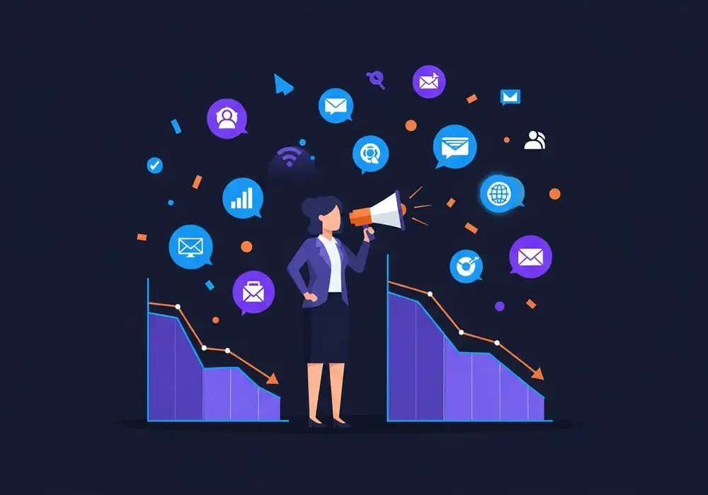 Ilustración de una empresa con muchos canales de marketing pero resultados que no llegan