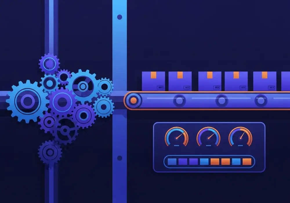 Ilustración de un sistema de procesos automatizado y eficiente con cuadro de mando de indicadores
